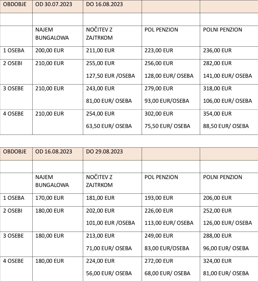 cenik family bungalov pineta 2023 penzionske storitve avgust